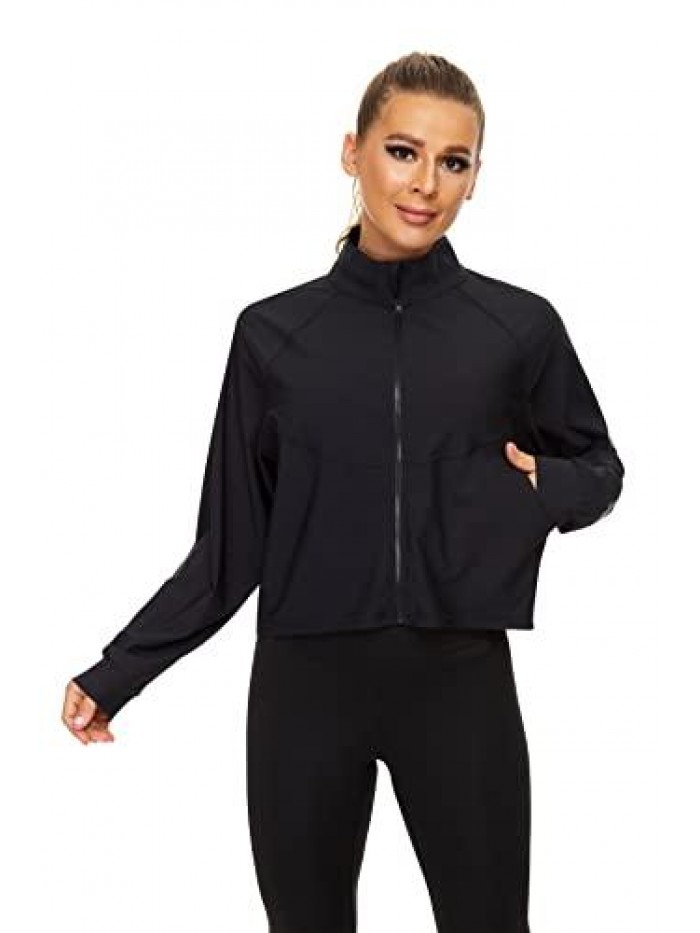 Athletic Zip Up Cropped Jackets Long Sleeve Workout Shirts with Pockets 