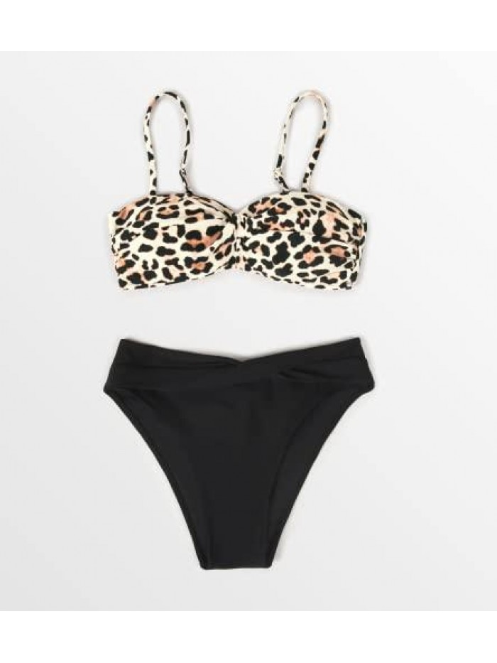 Women's Bikini Swimsuit Twist Leopard Low Rise Two Piece Bathing Suit 