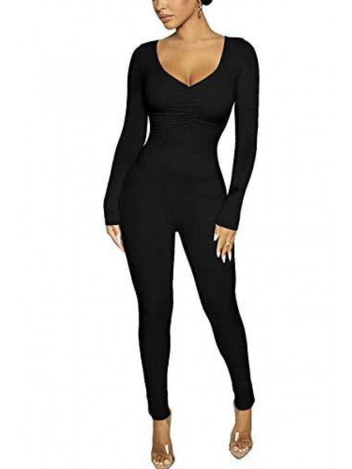 Women's Sexy Plunge V Neck Long Sleeve Ruched Bodycon Party Club Long Jumpsuit Rompers 