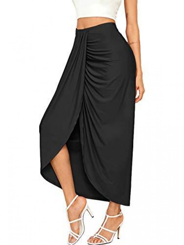 Women's Casual Slit Wrap Asymmetrical Elastic High Waist Maxi Draped Skirt 