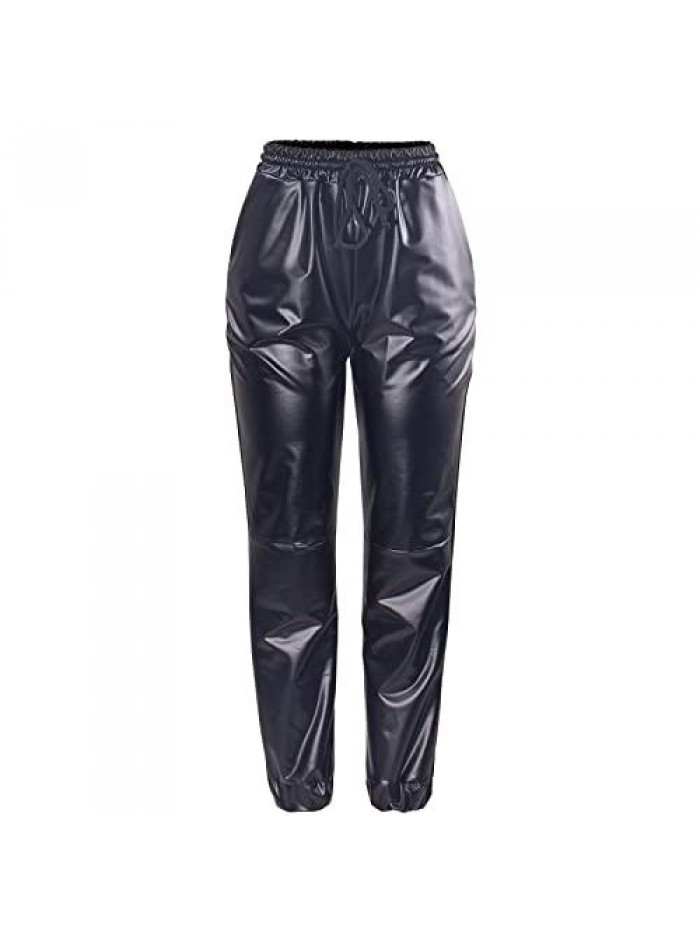 Women's Faux Leather Pants High Waist Elastic Stretchy Drawstring Jogger Trousers with Pockets Club Outfits 