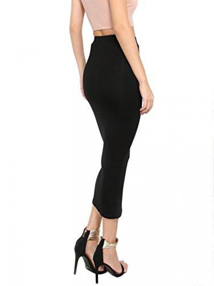 Women's Solid Basic Below Knee Stretchy Pencil Skirt 