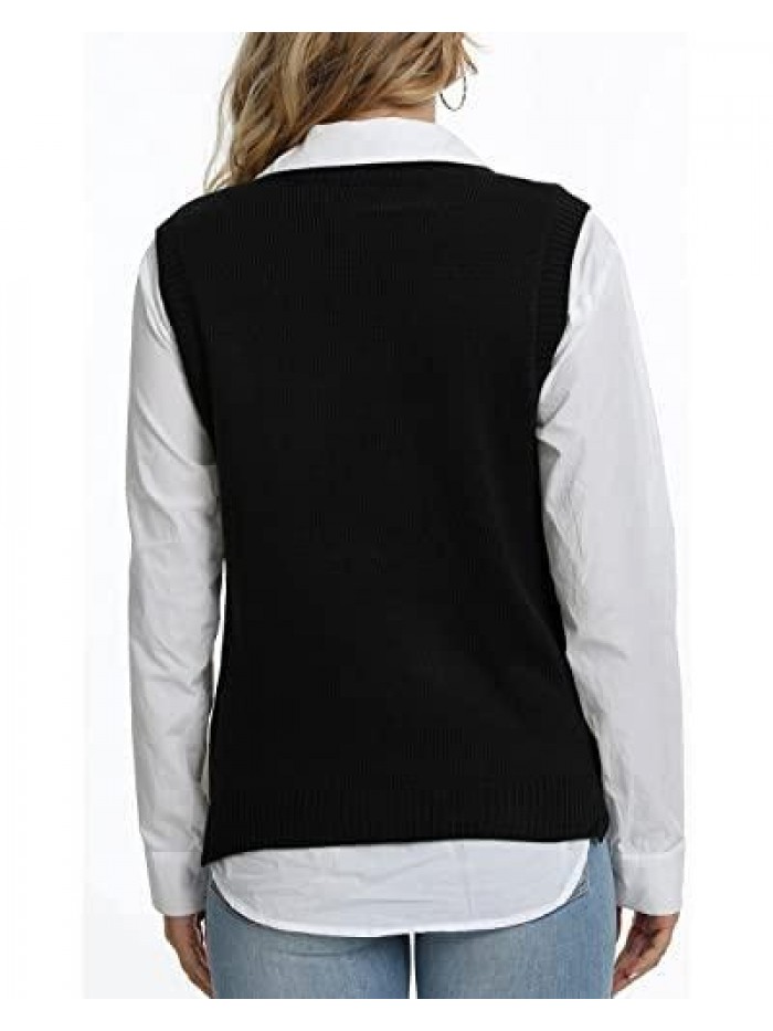Women's V-Neck Check Print Sweater Tank Top Check Knit Streetwear Sleeveless Ribbed Argyle Sweater 
