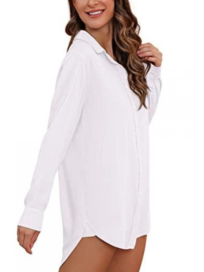Womens Nightgown Button Down Sleepshirt Long Sleeve Sleepwear Soft Ladies Nightshirts 