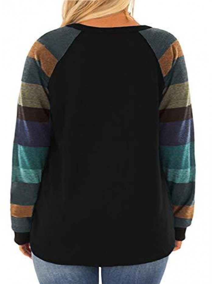 Womens Plus Size Long Sleeve Tunic Crewneck Colorblock Striped Tee Shirt 