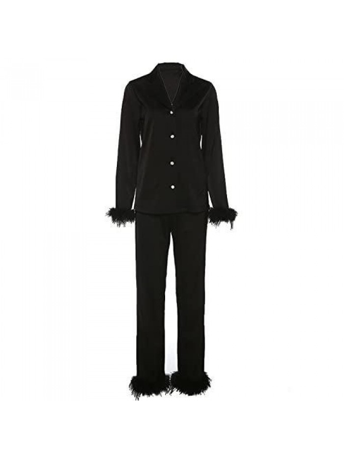 Two Piece Pajamas Set Feather Long Sleeve Shirt with Straight Leg Pants Nightwear Lounge Pjs Suit  