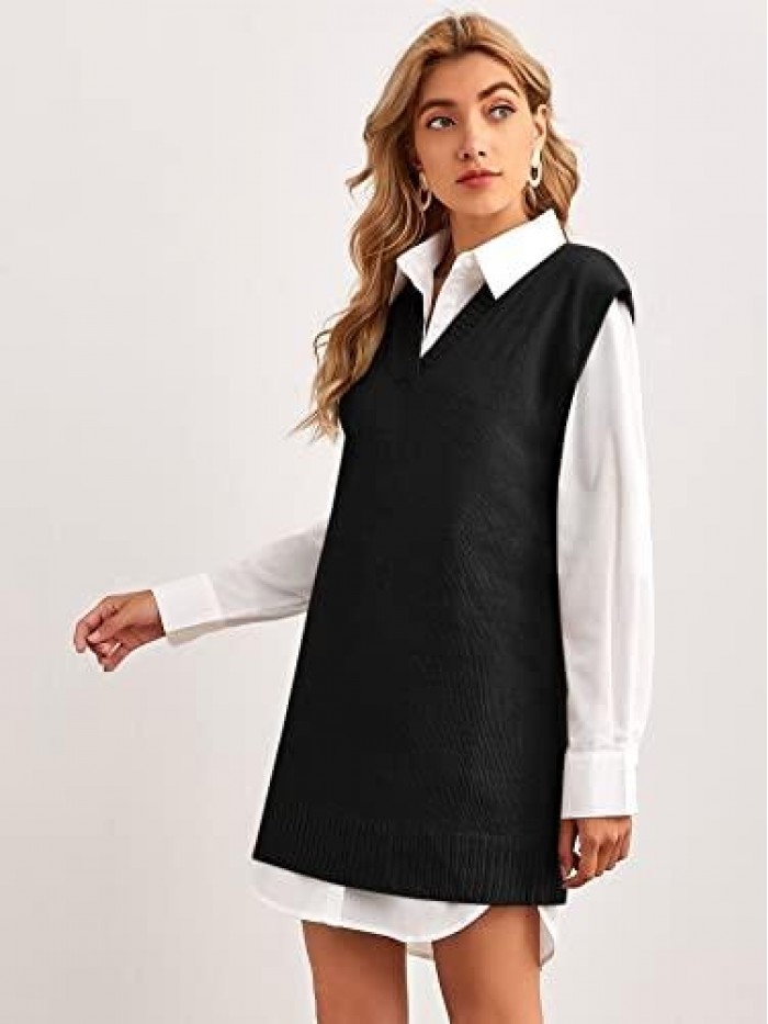 Women's V Neck Knit Oversized Sweater Vest Dress Sleeveless Loose Pullover Tops Tank 