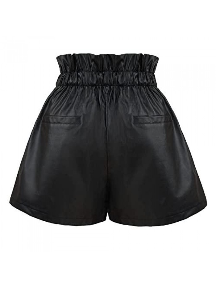 Women Faux Leather Short High Waist Leather Shorts Drawstring Elastic Waist Leather Short 