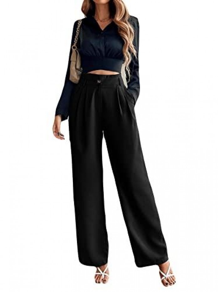 Women's Casual High Waist Wide Leg Pants Trousers with Pocket 