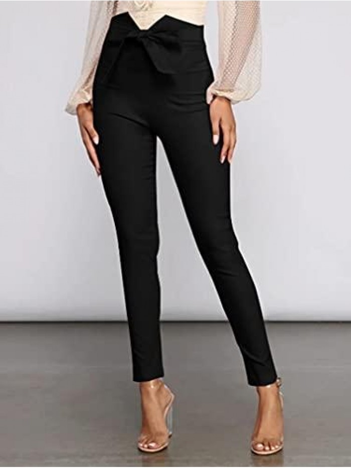 Women's Casual High Waist Stretch Trousers Solid Pencil Pants with Tie 