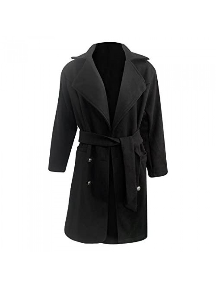 Women's Winter Elegant Pea Coat Notched Lapel Belt Wool Blend Trench Jacket Casual Solid Double Breasted Long Outwear 