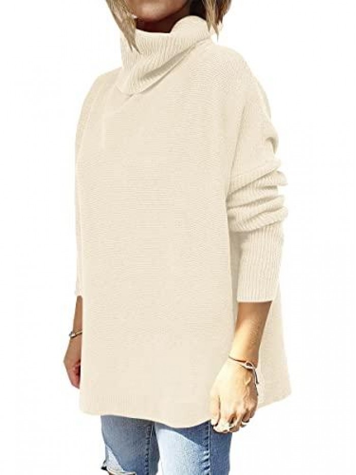 Women's Turtleneck Oversized 2021 Winter Long Batwing Sleeve Spilt Hem Knit Tunic Pullover Sweater Tops 