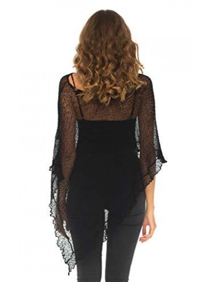 Womens Sheer Poncho Shrug Lightweight Knit Ruffle Pullover Sweater Top 