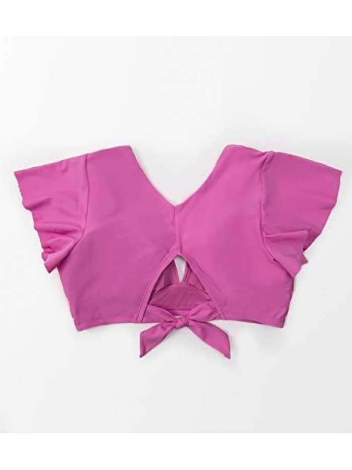 Women's Plus Size Plunge Self Tie Cutout Back Bikini Top with Ruffle Sleeve 
