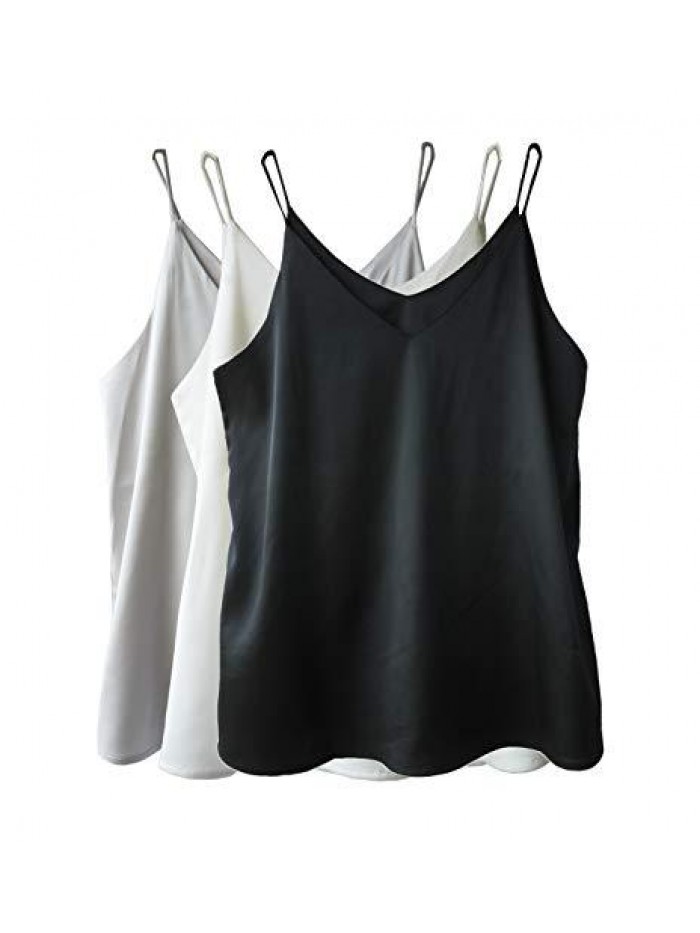 Womens Silk Satin Camisole Cami Plain Strappy Vest Top T-Shirt Blouse Tank Shirt V-Neck Spaghetti Strap XXS-4XL 