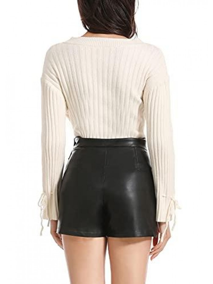 Womens Casual Wide Leg Shorts High Waisted Faux Leather Shorts 