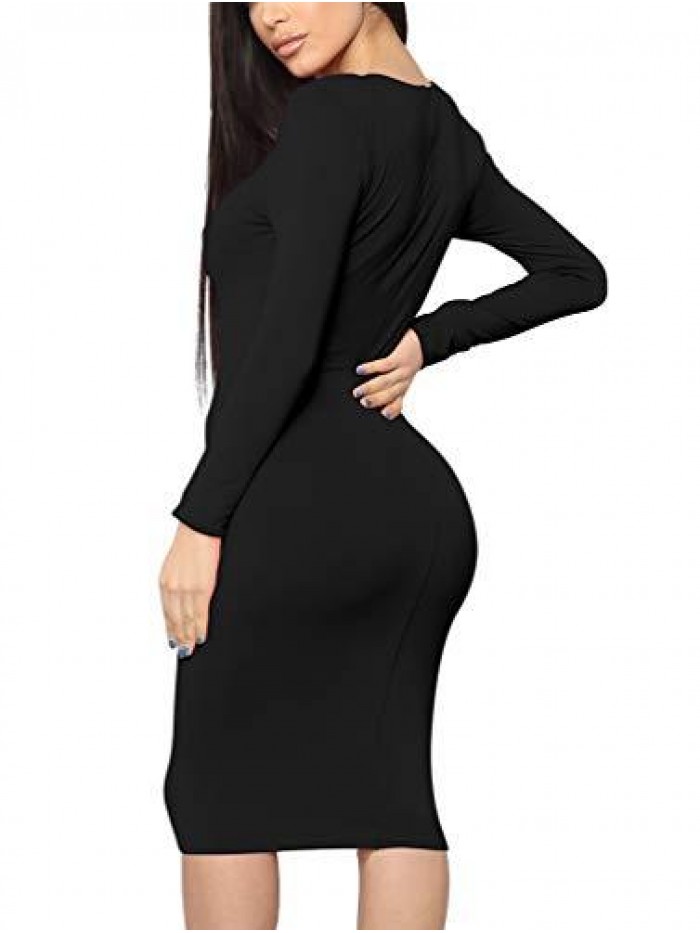 XXTAXN Women's Sexy Bodycon Long Sleeve Round Neck Work Office Maxi Pencil Dress
