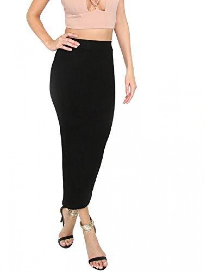 Women's Solid Basic Below Knee Stretchy Pencil Skirt 