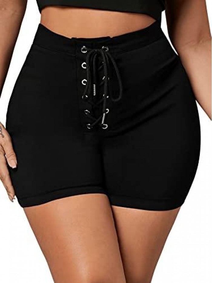 Women's Casual Lace Up Front Tie Knot High Waist Skinny Shorts 
