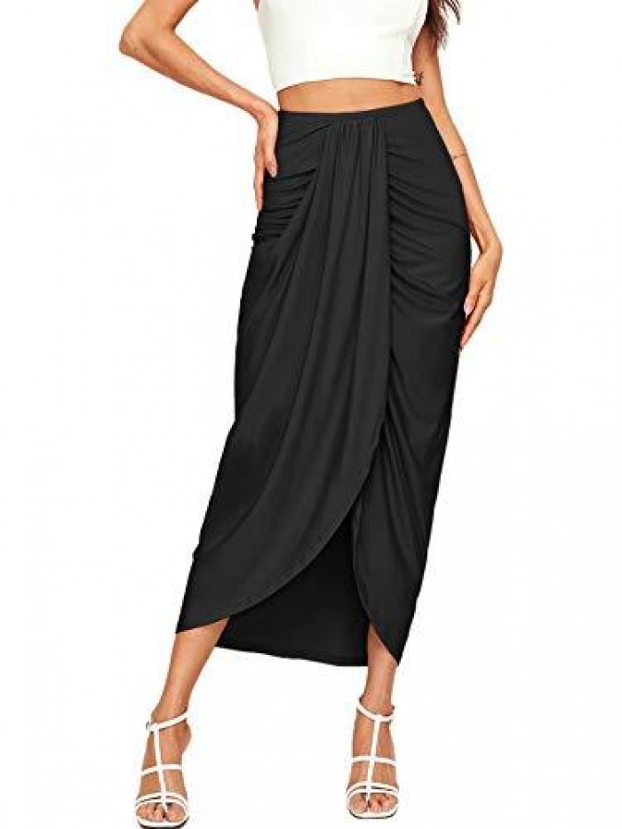 Women's Casual Slit Wrap Asymmetrical Elastic High Waist Maxi Draped Skirt 