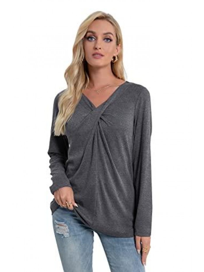 Womens Long Sleeve V Neck T Shirts Casual Cross Neck Tunic Blouses Tops Tees 