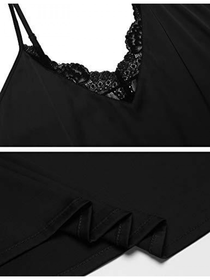Womens Pajama Sets Sexy Lingerie Satin Sleepwear Cami Shorts Set V Neck Pj Lace Nightwear 