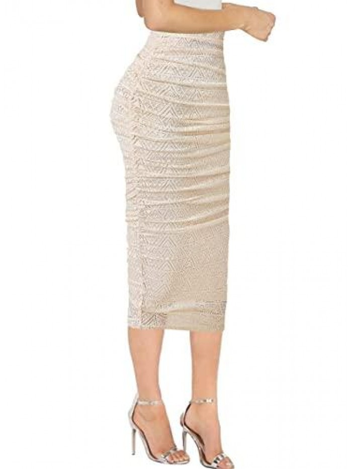 Womens Elegant Ruched Ruffle High Waist Casual Pencil Midi Mid-Calf Skirt 