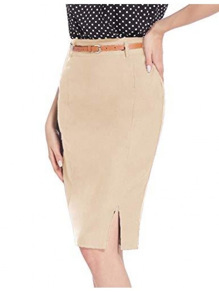 Kasin Women's Bodycon Pencil Skirt with Belt Solid Color Hip-Wrapped 