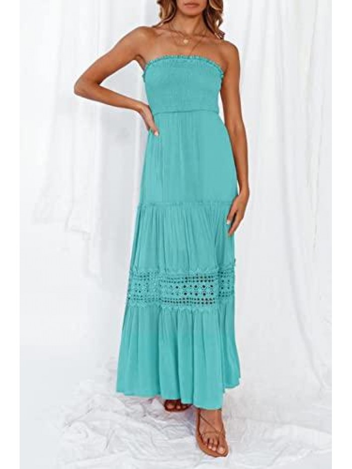 Womens Summer Bohemian Strapless Off Shoulder Lace Trim Backless Flowy A Line Beach Long Maxi Dress 