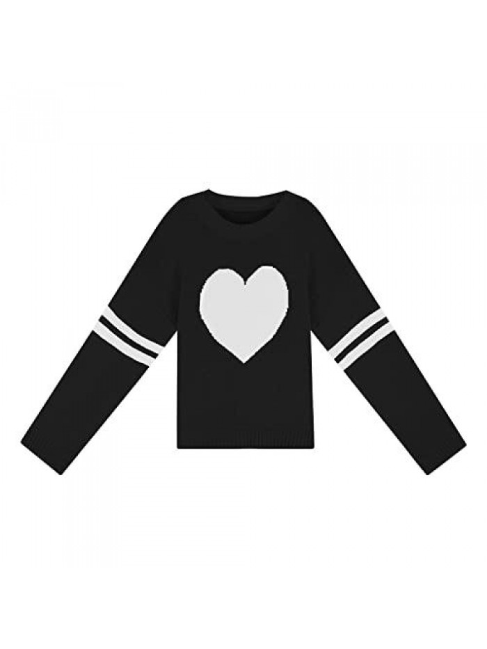 Women Heart Print Sweater Long Sleeve Pullover O-Neck Knitted Blouse Shirt Color Block Valentine Streetwear 
