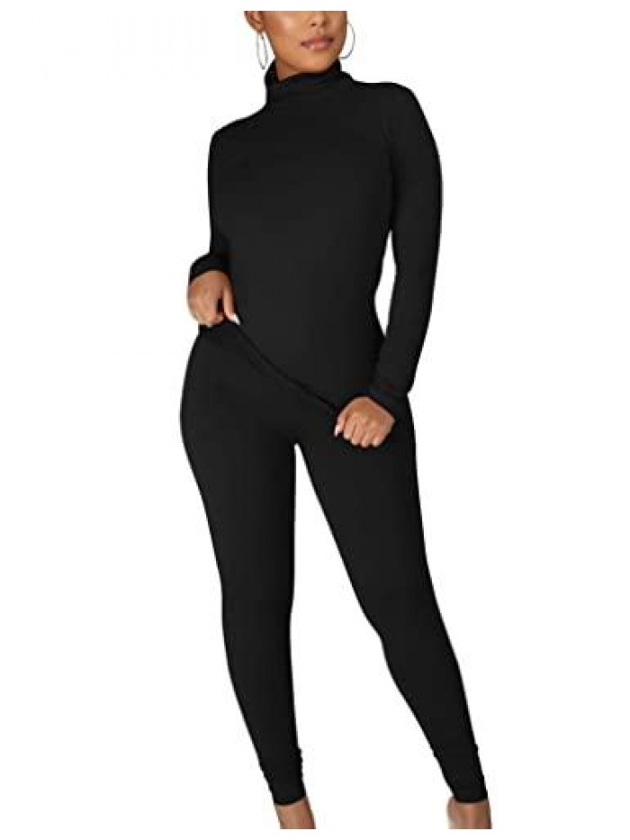 2 Piece Outfits Workout Tracksuit Long Sleeve Turtleneck Top Legging Jogger Pants Set 