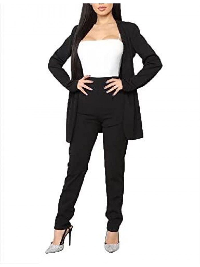 Two Piece Open Front Long Sleeve Blazer and Pant Set Slim Fit Suit Pants 