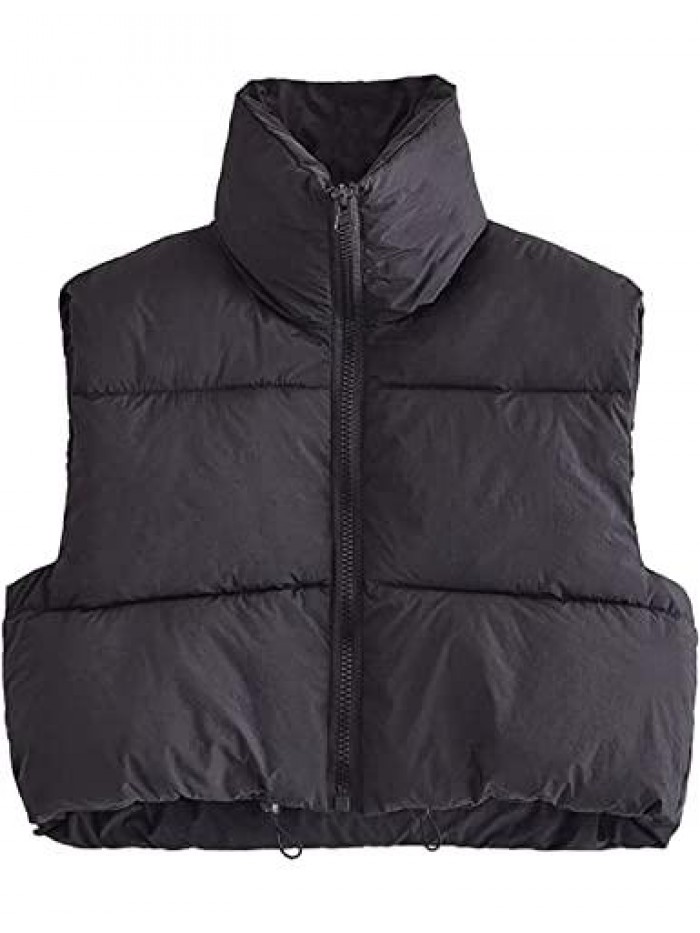 Womens Lightweight Cropped Puffer Vest Winter Stand Collar Zip Up Padded Coat 