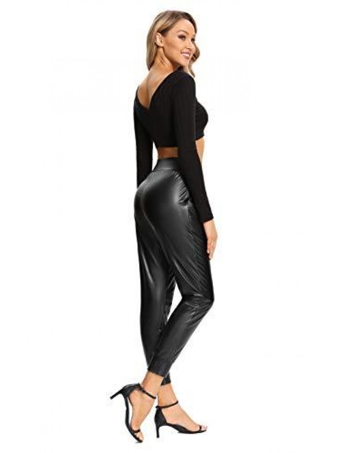 Womens Faux Leather Pants Elastic Waisted Casual Trousers 