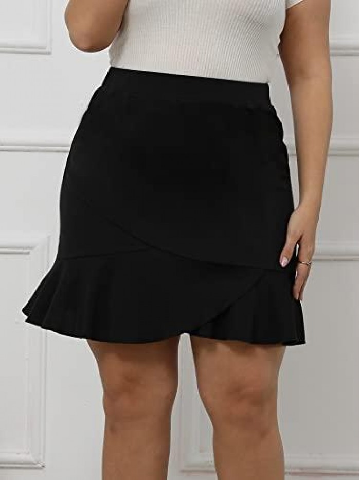 Women's Plus High Waist Ruffle Hem Wrap Solid Mini Skirt 