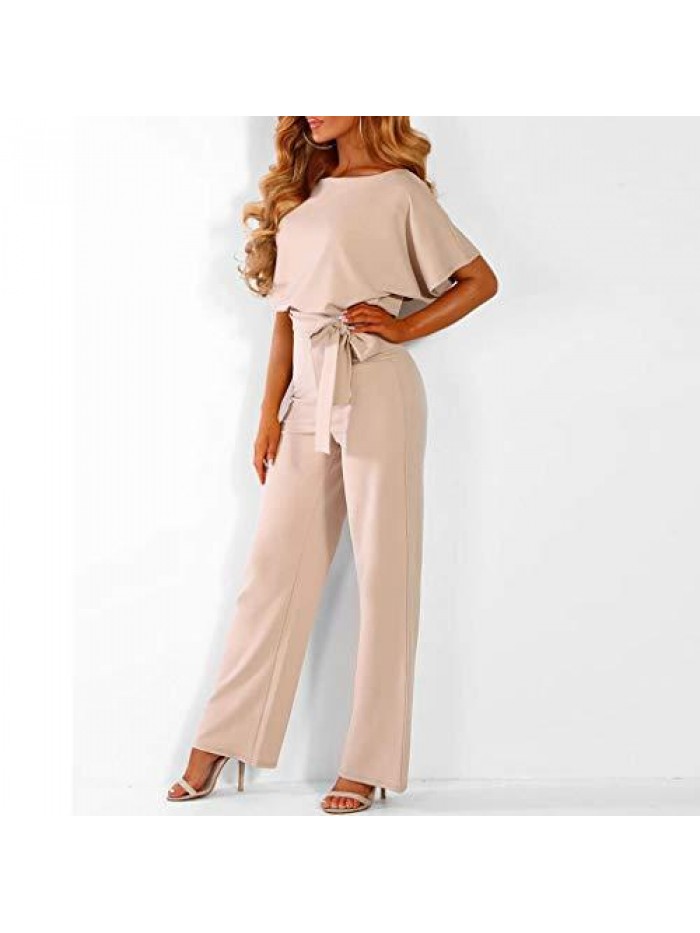 Jumpsuits for Women Casual Short Long Sleeve Belted Wide Leg Pant Romper Fall Long Jumpsuit Playsuit with Belt 