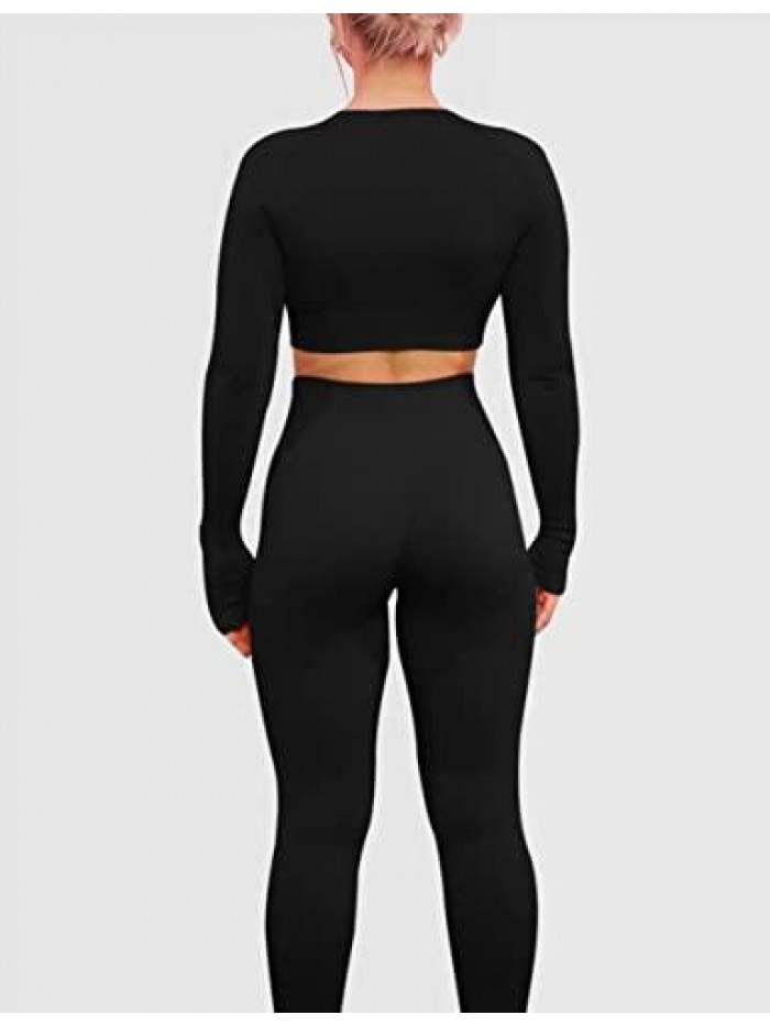 Women Workout Sets 2 Pieces Long Sleeve Yoga Outfits Gym Clothes Seamless Ribbed Crop Top High Waist Leggings 