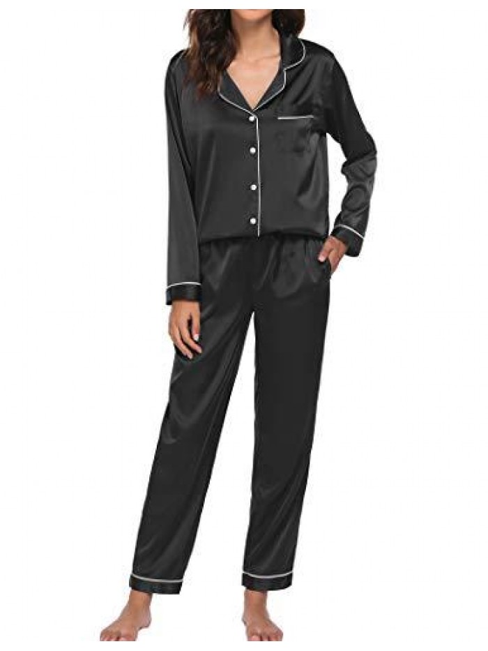 Satin Pajamas Women’s Long Sleeve Sleepwear Silk Soft Button Down Loungewear Pjs Set S-XXL 