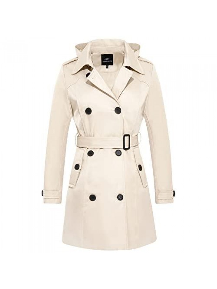 Women's Waterproof Trench Coat Double Breasted Windbreaker Classic Belted Lapel Overcoat with Removable Hood 