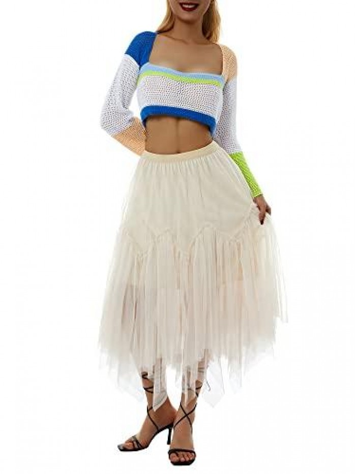 Mesh Skirt Elastic Waist A-line Midi Skirt Tutu Layered Tulle Skirt Prom Evening Party Wedding Skirt 
