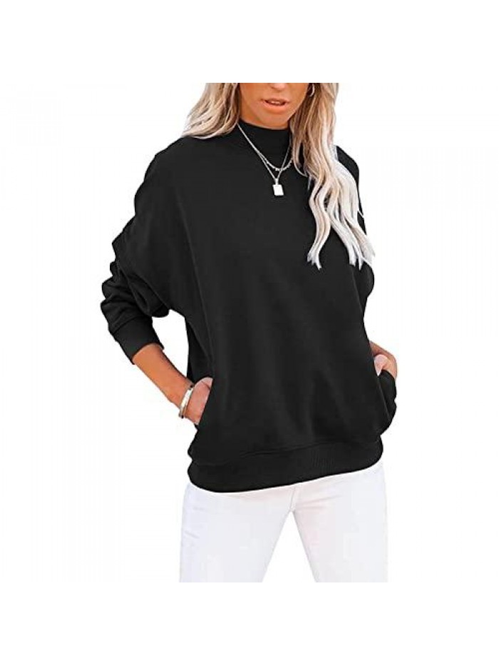 Womens Casual Mock Turtleneck Sweatshirts Long Sleeve Solid Color Basic Pullover Tops with Pockets 
