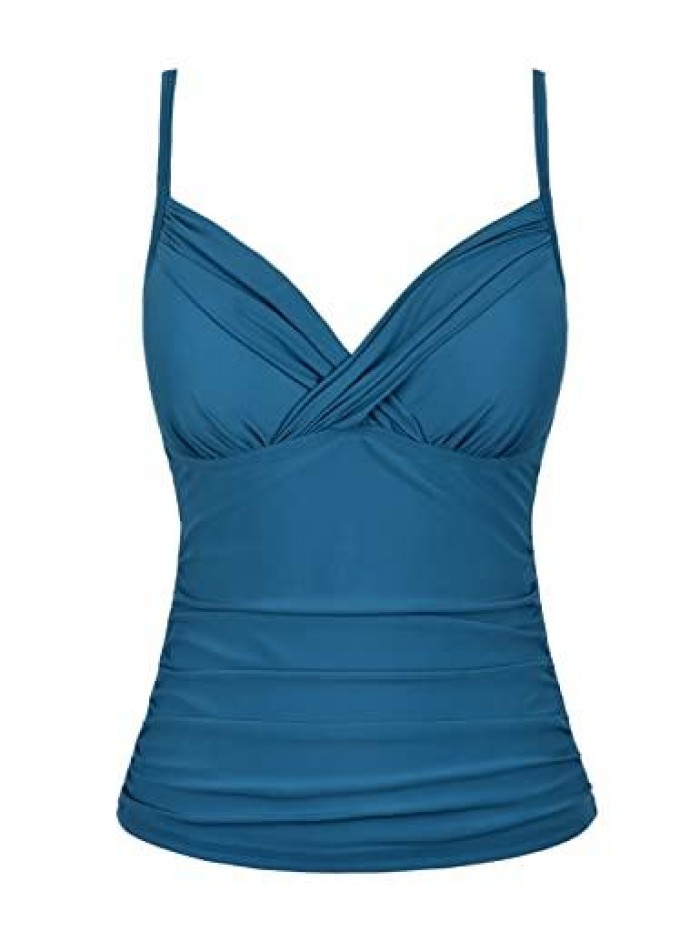rose Women Tankini Tops V Neck Twist Swim Tops Ruched Tummy Control Bathing Suit Top 