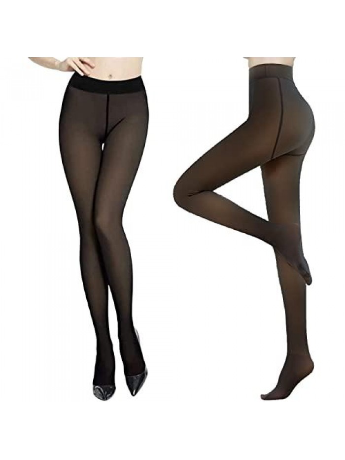 Lined Tights Women Fake Translucent Fleece Winter Warm Tights High Waisted Black 