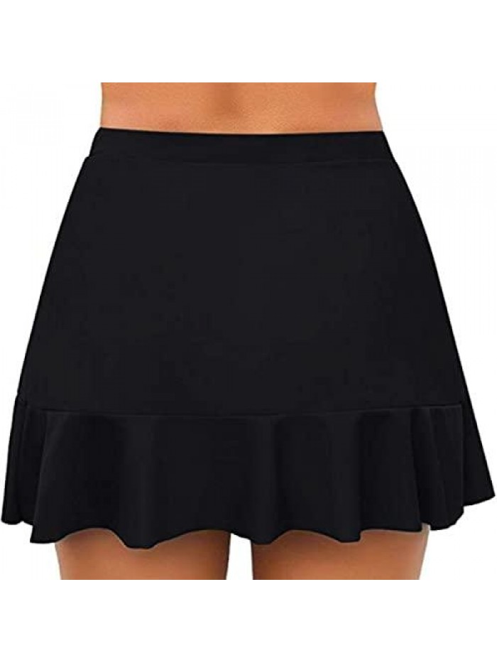 Ruffled Swim Skirt Tummy Control Bathing Suit Skirt with Built-in High Waisted Bikini Swimsuit Bottoms for Women 