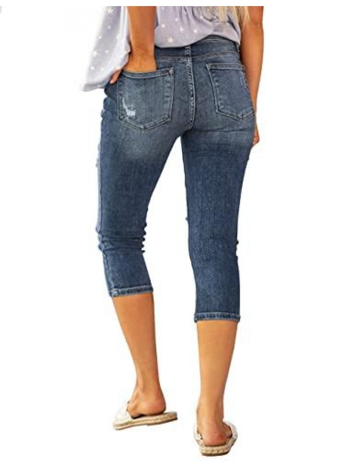 Women's High Waisted Casual Ripped Skinny Slim Fit Stretch Denim Capri Jeans 