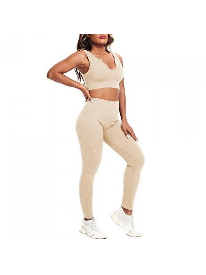 Womens Workout Set 2 Pieces Ribbed Crop Top Seamless High Waist Legging for Women 2 Piece Outfits Sets 