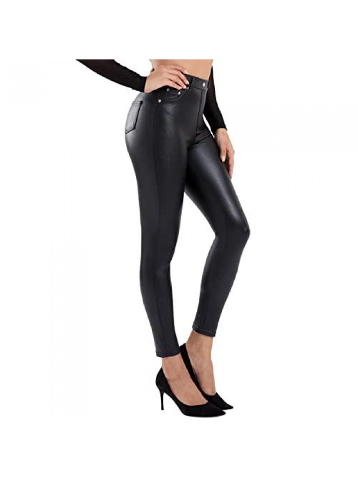 Faux Leather Leggings for Women High Waisted Pleather Pants Stretch Tights with Pockets 