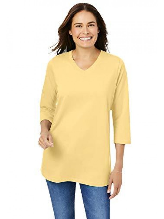 Within Women's Plus Size Perfect Three-Quarter Sleeve V-Neck Tee Shirt 