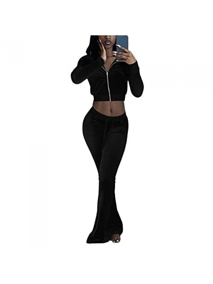 Tracksuit 2 Piece Set Velour Rhinestone Letters Full Zip Crop Hoodie Pants Joggers Outfits 