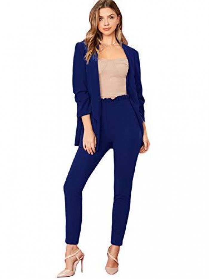 Women's Two Piece Open Front Long Sleeve Blazer and Elastic Waist Solid Pant Set Suit 